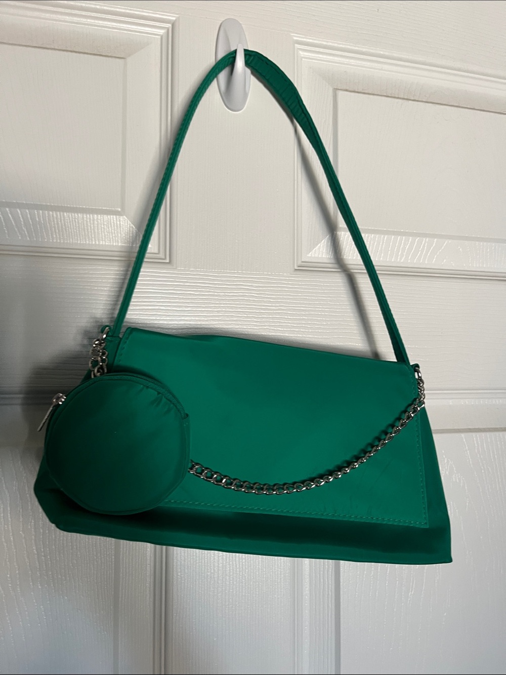 Green Silk purse with coin pouch attached. Silver accessories